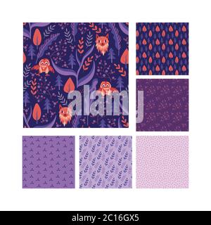 Woodland seamless patterns collection. Cute textile design for children fabric. Vector illustration. Stock Vector