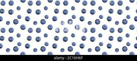 Falling blueberries isolated on white. Seamless berry blackberry pattern. Flying berries. Creative fresh fruit summer layout. Stock Photo