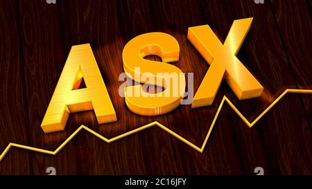 Abbreviation of Australian Securities Exchange in golden color above a simple line chart - 3d illustration Stock Photo