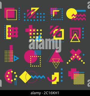Vector, colored, decorative geometric shapes and elements, in basic CMYK colors on a dark gray background. Stock Vector
