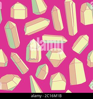 Seamless vector pattern of hand drawn illustrations of pink geometric gems, crystals and minerals. Stock Vector
