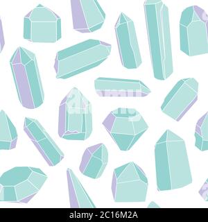 Seamless vector pattern of hand drawn illustrations of colorful geometric gems, crystals and minerals. Stock Vector