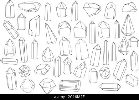 Vector illustrations set of hand drawn geometric black and white gems, crystals and minerals. Stock Vector