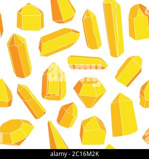 Seamless vector pattern of hand drawn illustrations of yellow geometric gems, crystals and minerals. Stock Vector