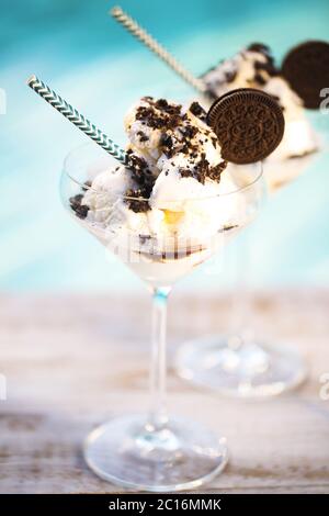 Vanilla sundae ice cream with chocolate sauce and cookies Stock Photo