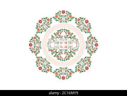Round pattern of bouquets of pink flowers with orange petals,leaves and berries and dotted border for embroidery on a white background Stock Photo