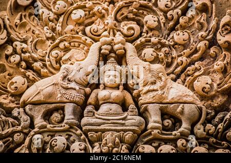 Ornate bas relief carving of the Hindu god Indra surrounded by elephants. Red sandstone lintel at the ancient Banteay Srei Temple, Angkor, Cambodia. Stock Photo