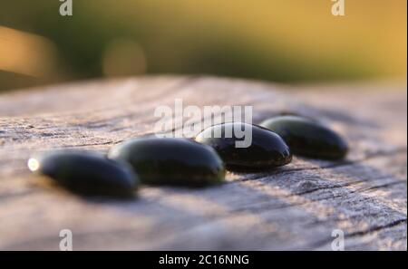 Black jade translucent green stone in sunlight on wood. The black jade is dark green in color, but under the light it is semi-transparent, appreciated Stock Photo