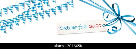 different Oktoberfest 2020 2021 garlands having blue and white checkered pattern with blue ribbon bow with hang tag Stock Vector