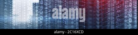 Binary computer code virtual city skyline. Matrix Mixed Media Background. Stock Photo