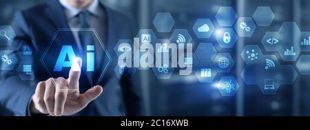 Artificial intelligence concept with businessman on blurred data center background. Stock Photo