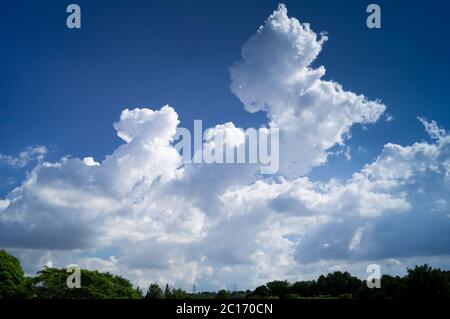 Deep blue sky with puffy clouds prior to a storm building, storm brewing, calm before storm, cumulus, cumulonimbus Stock Photo