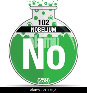 Nobelium symbol on chemical round flask. Element number 102 of the Periodic Table of the Elements - Chemistry. Vector image Stock Vector