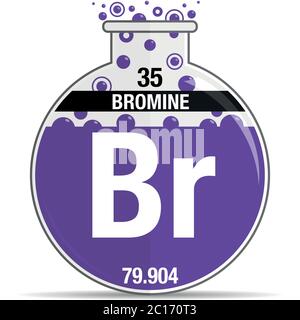 Bromine symbol on chemical round flask. Element number 35 of the Periodic Table of the Elements - Chemistry. Vector image Stock Vector