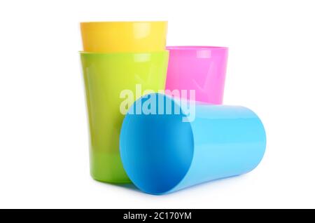 Plastic cups isolated on white background Stock Photo