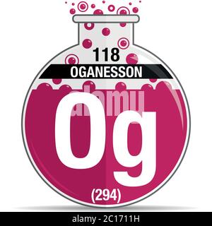 Oganesson symbol on chemical round flask. Element number 118 of the Periodic Table of the Elements - Chemistry. Vector image Stock Vector