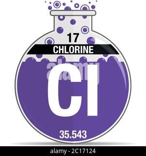 Chlorine symbol on chemical round flask. Element number 17 of the Periodic Table of the Elements - Chemistry. Vector image Stock Vector