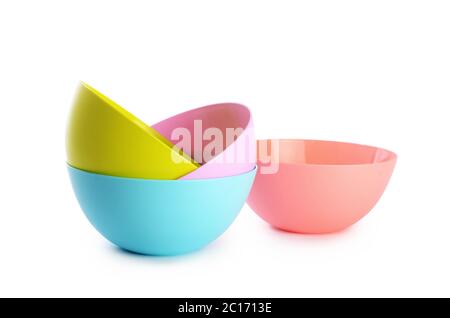 Plastic colorful plates isolated on white Stock Photo