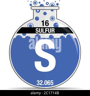 Sulfur symbol on chemical flask. Element number 16 of the Periodic ...