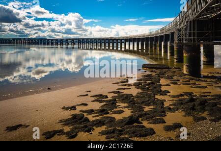 Long exposure image of the Tay Rail Bridge at sunset, Dundee, Scotland, United Kingdom. Stock Photo