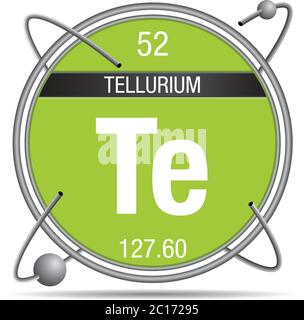 Tellurium symbol  inside a metal ring with colored background and spheres orbiting around. Element number 52 of the Periodic Table of the Elements Stock Vector