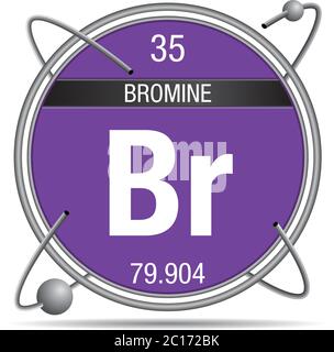 Bromine symbol inside a metal ring with colored background and spheres orbiting around. Element number 35 of the Periodic Table of the Elements Stock Vector