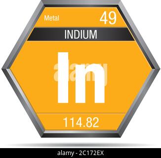 Indium symbol in the form of a hexagon with a metallic frame. Element number 49 of the Periodic Table of the Elements - Chemistry Stock Vector