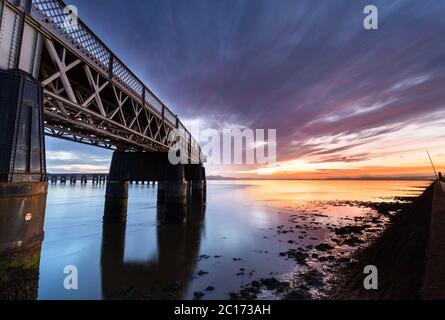 Sunset and the Tay Rail Bridge, Dundee, Scotland, United Kingdom. Stock Photo