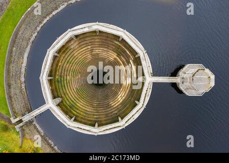 Aerial view of bellmouth spillway at Whiteadder reservoir in East Lothian. Scotland, UK. Stock Photo