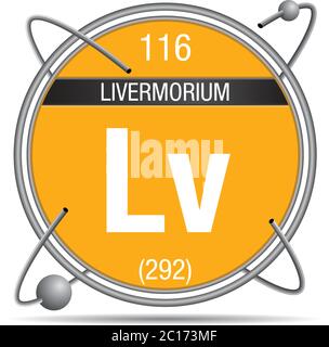 Livermorium symbol inside a metal ring with colored background and spheres orbiting around. Element number 116 of the Periodic Table of the Elements Stock Vector
