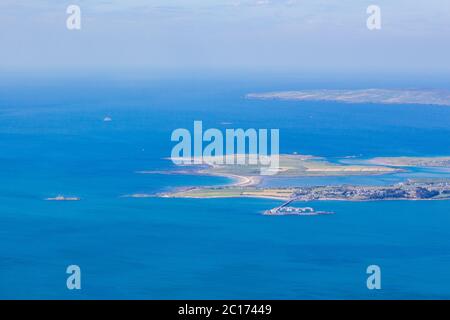 Aerial View of Fenit Pier, Fenit Island and Kerry Head on the Wild Atlantic Way in County Kerry, Ireland Stock Photo