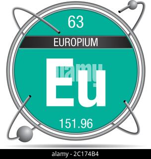 Europium symbol inside a metal ring with colored background and spheres orbiting around. Element number 63 of the Periodic Table of the Elements Stock Vector