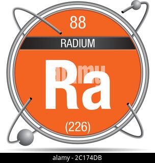 Radium symbol  inside a metal ring with colored background and spheres orbiting around. Element number 88 of the Periodic Table of the Elements Stock Vector