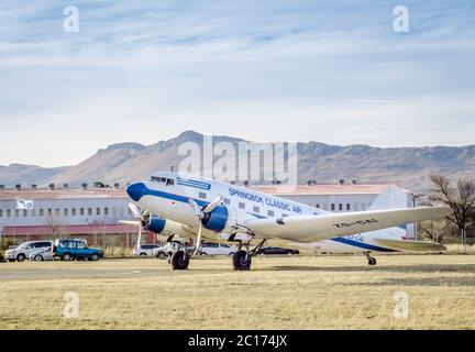 QUEENSTOWN, SOUTH AFRICA - 17 June 2017: Vintage Douglas DC 3 Dakota aeroplane parked at air show ex Stock Photo