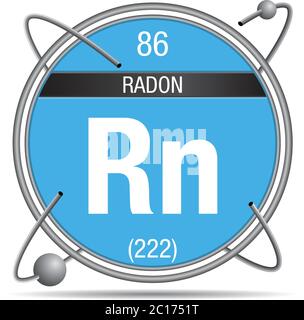 Radon symbol inside a metal ring with colored background and spheres orbiting around. Element number 86 of the Periodic Table of the Elements Stock Vector