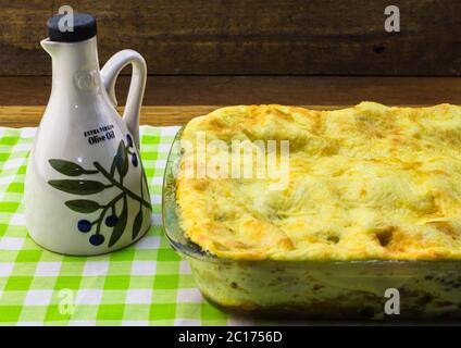 Cheesy baked pasta, vegetable and meat casserole Stock Photo