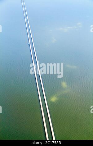 New Orleans Louisiana,Lake Pontchartrain Causeway,aerial overhead view from above,view,world's longest bridge,perspective,line,length,distance,water,h