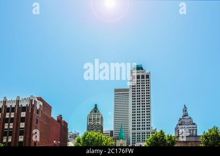 Art Deco and modern buildings skyline of Tulsa OK USA with lens flare Stock Photo