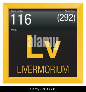 Livermorium symbol. Element number 116 of the Periodic Table of the Elements - Chemistry - Yellow square frame with black background Stock Vector