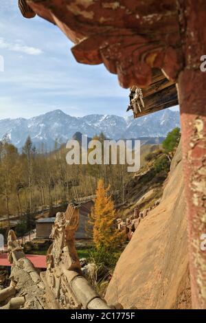 Qilian mountains from Qianfo Buddhist grottoes-MatiSi Horse Hoof Temple. Zhangye-Gansu-China-0942 Stock Photo