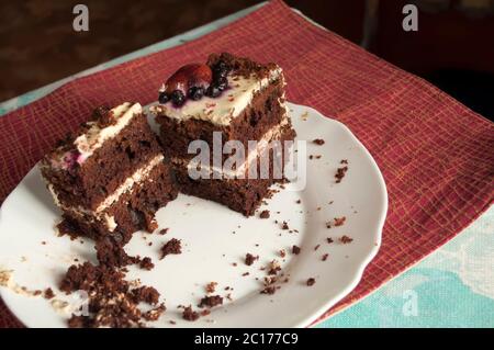 The last two pieces of chocolate sponge cake with cream on a white plate is decorated with multicolored topping with crumbs on a plate Stock Photo