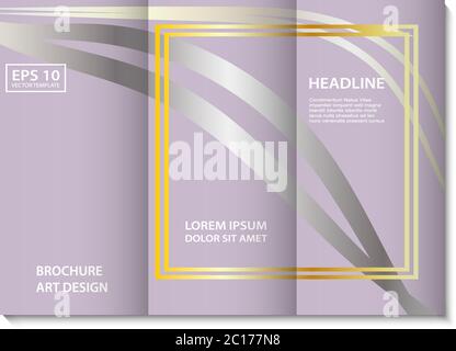 Vector brochure template lilac soft color with silver lines and golden decorative frame. Brochure, banner design. Trendy vector abstract shapes lines. Stock Vector