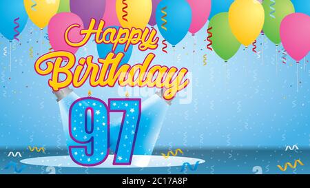 Happy Birthday 97 Greeting card. Candle lit in the form of a number being lit by two reflectors in a room with balloons floating with streamers Stock Vector