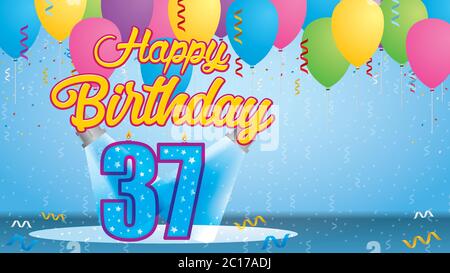 Happy Birthday 37 Greeting card. Candle lit in the form of a number being lit by two reflectors in a room with balloons floating with streamers Stock Vector