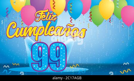 Feliz Cumpleanos 99 - Greeting card. Candle lit in the form of a number being lit by reflectors in a room with balloons floating with streamers Stock Vector