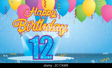 Happy Birthday 12 Greeting card. Candle lit in the form of a number being lit by two reflectors in a room with balloons floating with streamers Stock Vector