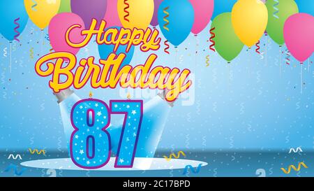 Happy Birthday 87 Greeting card. Candle lit in the form of a number being lit by two reflectors in a room with balloons floating with streamers Stock Vector