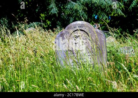 Headstones overgrown with grass, Brompton Cemetery, London, UK Stock Photo