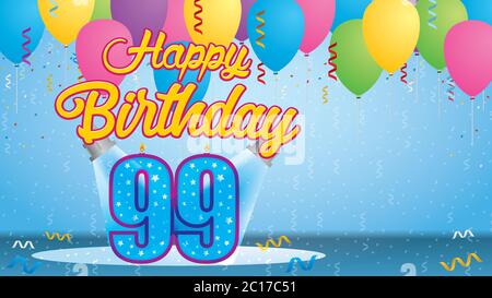 Happy Birthday 99 Greeting card. Candle lit in the form of a number being lit by two reflectors in a room with balloons floating with streamers Stock Vector