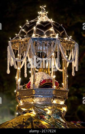 The Ranhidge is mounted on Mangala Hasthirajay and holds the casket containing Sacred Tooth Relic of Buddha during Esala Perahera at Kandy, Sri Lanka. Stock Photo